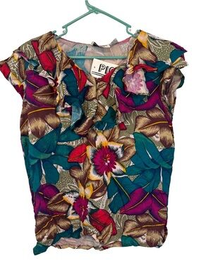3/$20 Pioko Floral Ruffle Cap Sleeve Blouse in Teal and Magenta